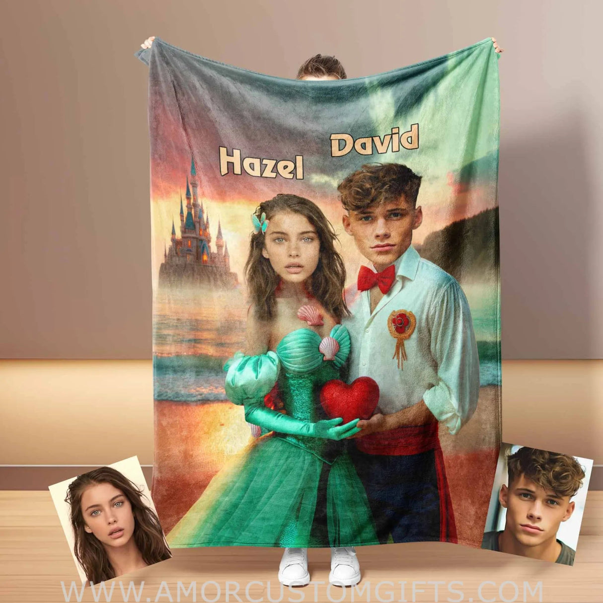 Blankets Personalized Ariel and Prince Eric Blanket | Custom Face & Name Couple Blanket