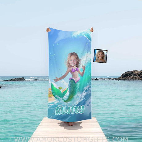 Towels Personalized Ariel Mermaid Princess Summer Surfing Girl Beach Towel | Custom Name & Photo Girl Beach Towel