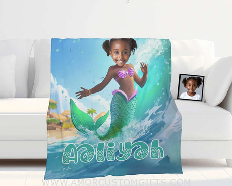 Personalized Ariel Mermaid Princess Summer Surfing Girl Blanket | Custom Name & Face Blankets