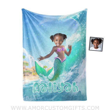 Personalized Ariel Mermaid Princess Summer Surfing Girl Blanket | Custom Name & Face Blankets