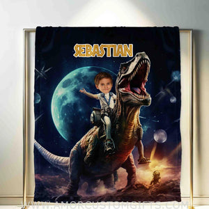 Blankets Personalized Astronaut Dino Blanket | Custom Face & Name Blanket For Boys