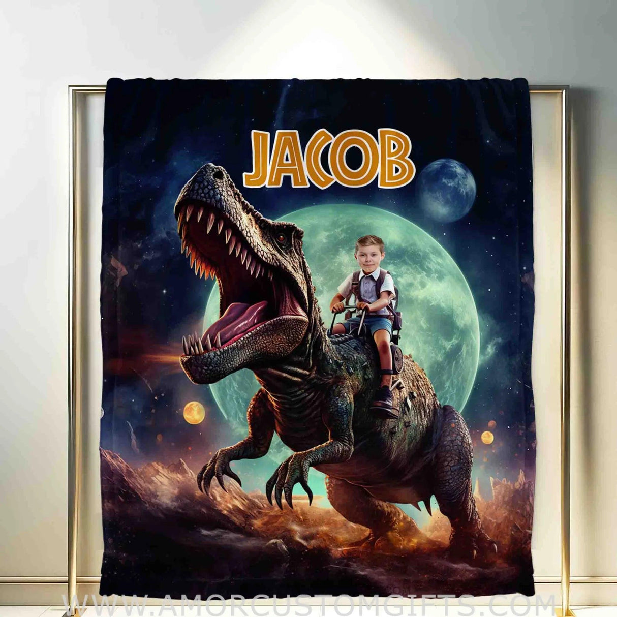 Blankets Personalized Astronaut Dino Blanket | Custom Face & Name Blanket For Boys