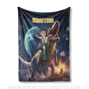 Blankets Personalized Astronaut Dino Blanket | Custom Face & Name Blanket For Boys