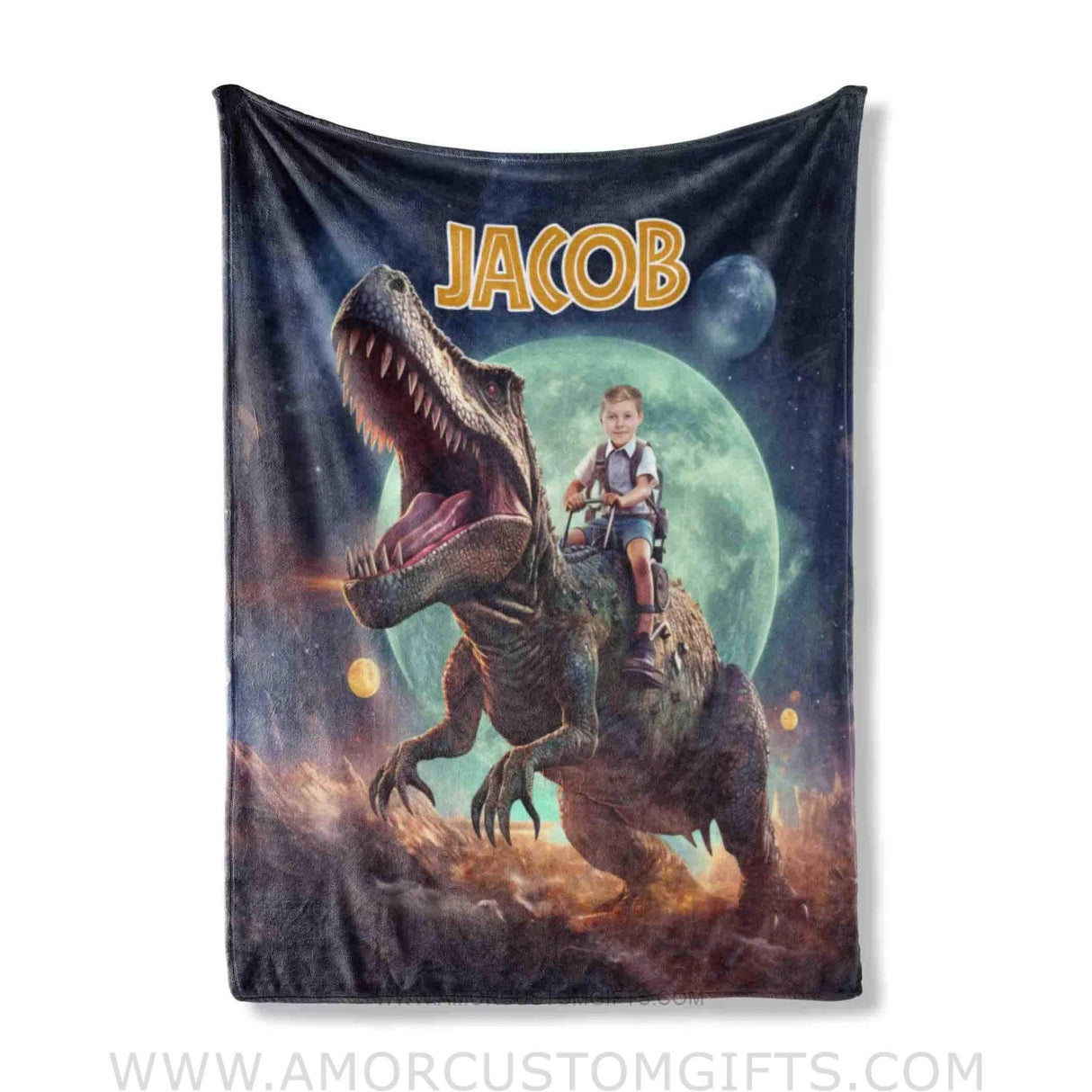 Blankets Personalized Astronaut Dino Blanket | Custom Face & Name Blanket For Boys