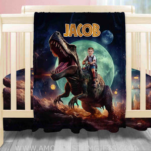 Blankets Personalized Astronaut Dino Blanket | Custom Face & Name Blanket For Boys