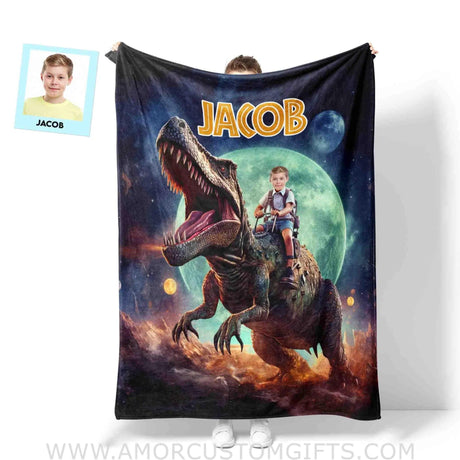 Blankets Personalized Astronaut Dino Blanket | Custom Face & Name Blanket For Boys