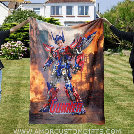 Blankets Personalized Auto Transform Robot Photo Blanket | Custom Face & Name Autobot Boy Blanket