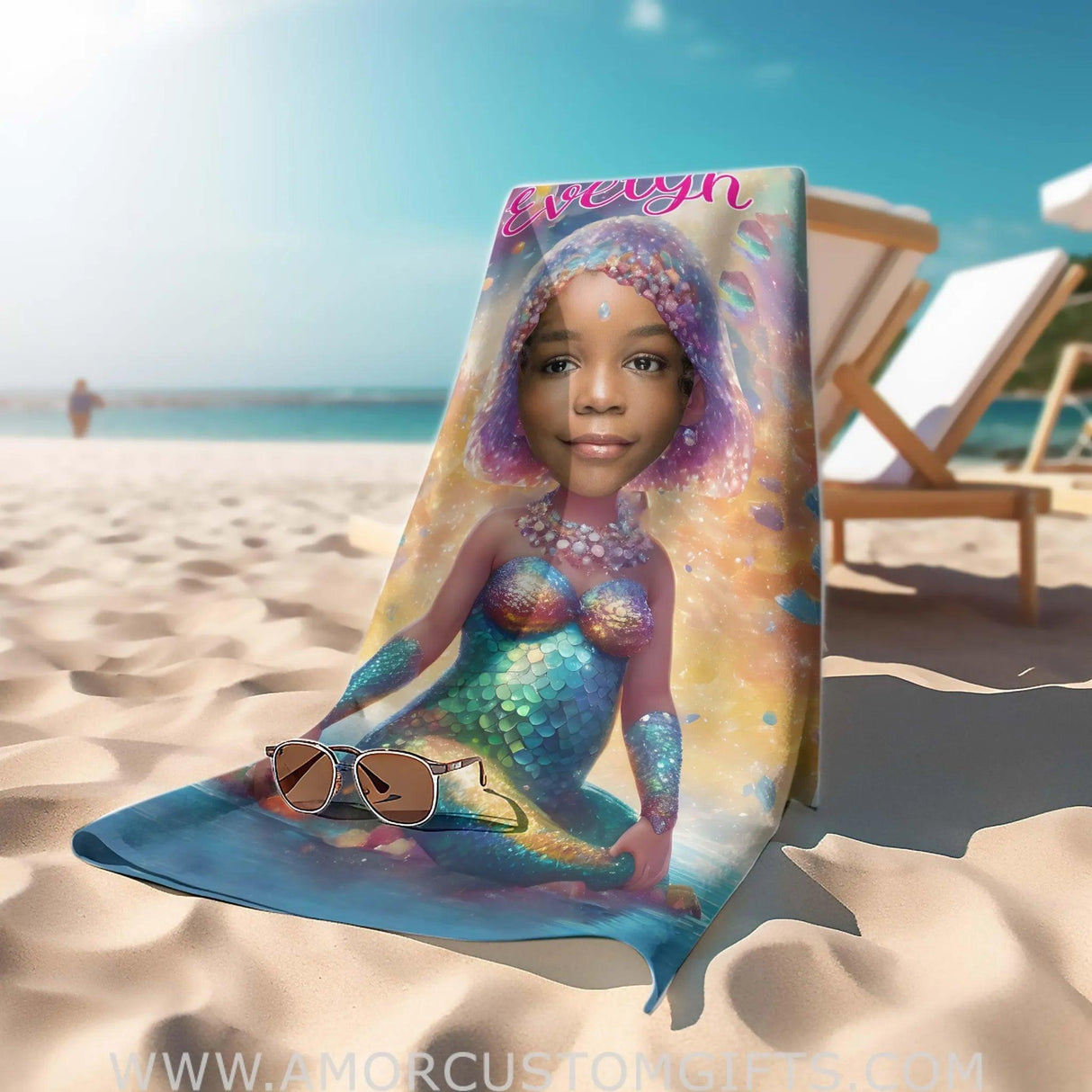 Towels Personalized Baby Black Mermaid Girl Photo Beach Towel | Customized Princess Girl Beach Towel