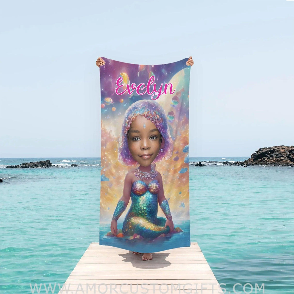 Towels Personalized Baby Black Mermaid Girl Photo Beach Towel | Customized Princess Girl Beach Towel