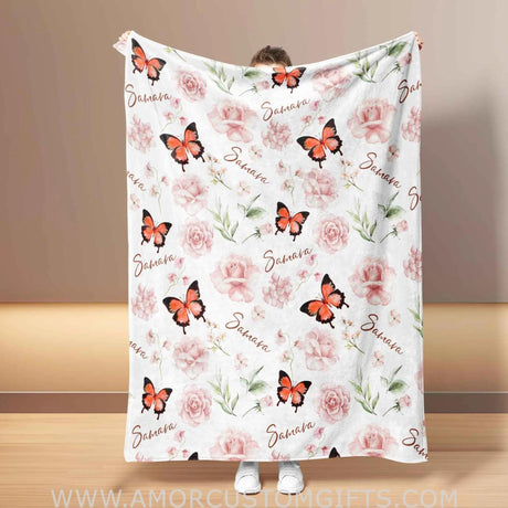 Blankets Personalized Baby Butterfly Flower Blanket | Custom Name Blanket For Baby Girl