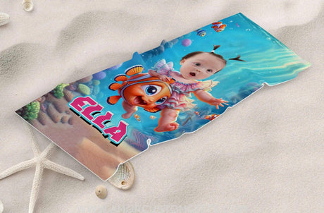 Towels Personalized Baby Girl Reding Nemo Fish Under The Sea Photo Beach Towel | Customized Nemo Fish Theme Beach Towel