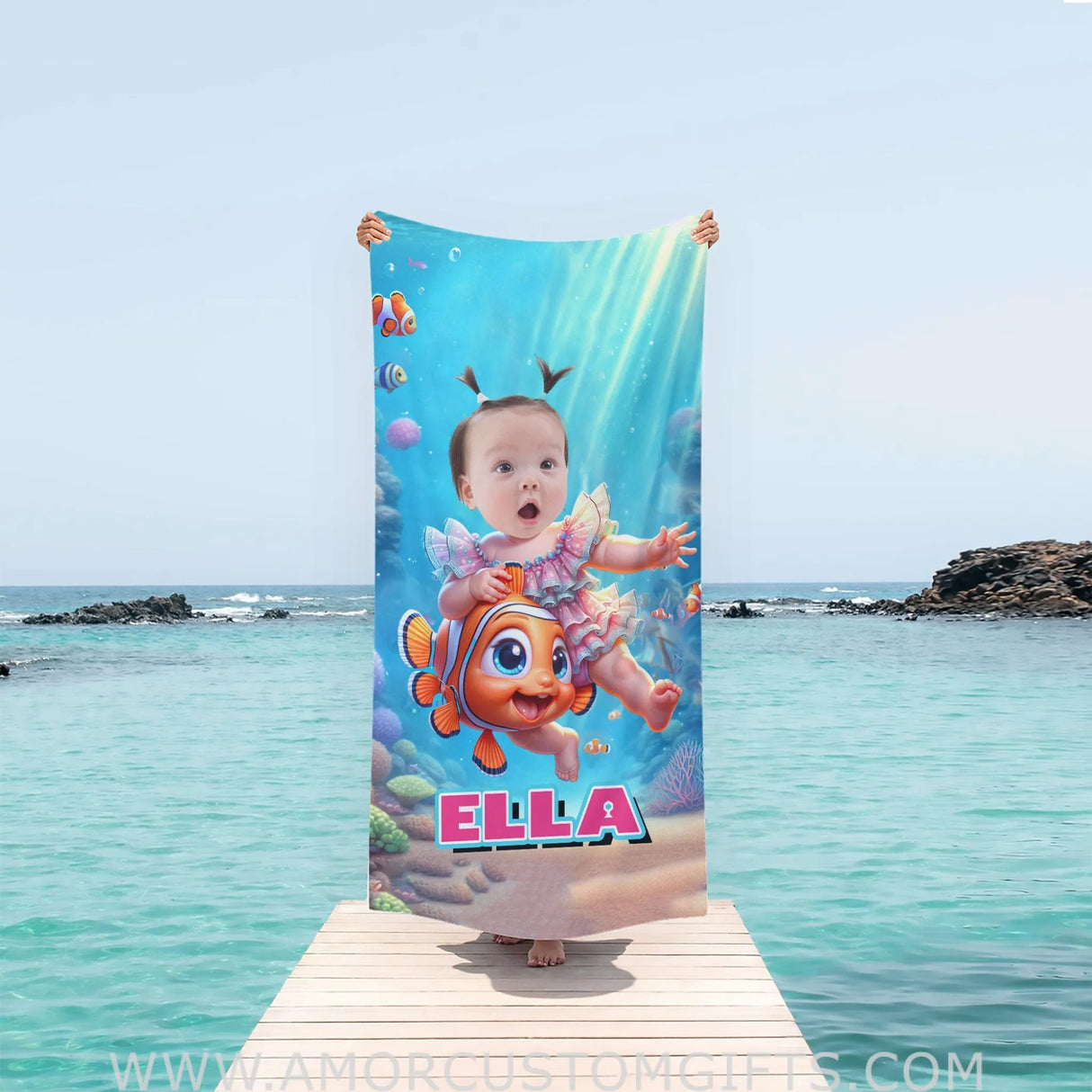 Towels Personalized Baby Girl Reding Nemo Fish Under The Sea Photo Beach Towel | Customized Nemo Fish Theme Beach Towel