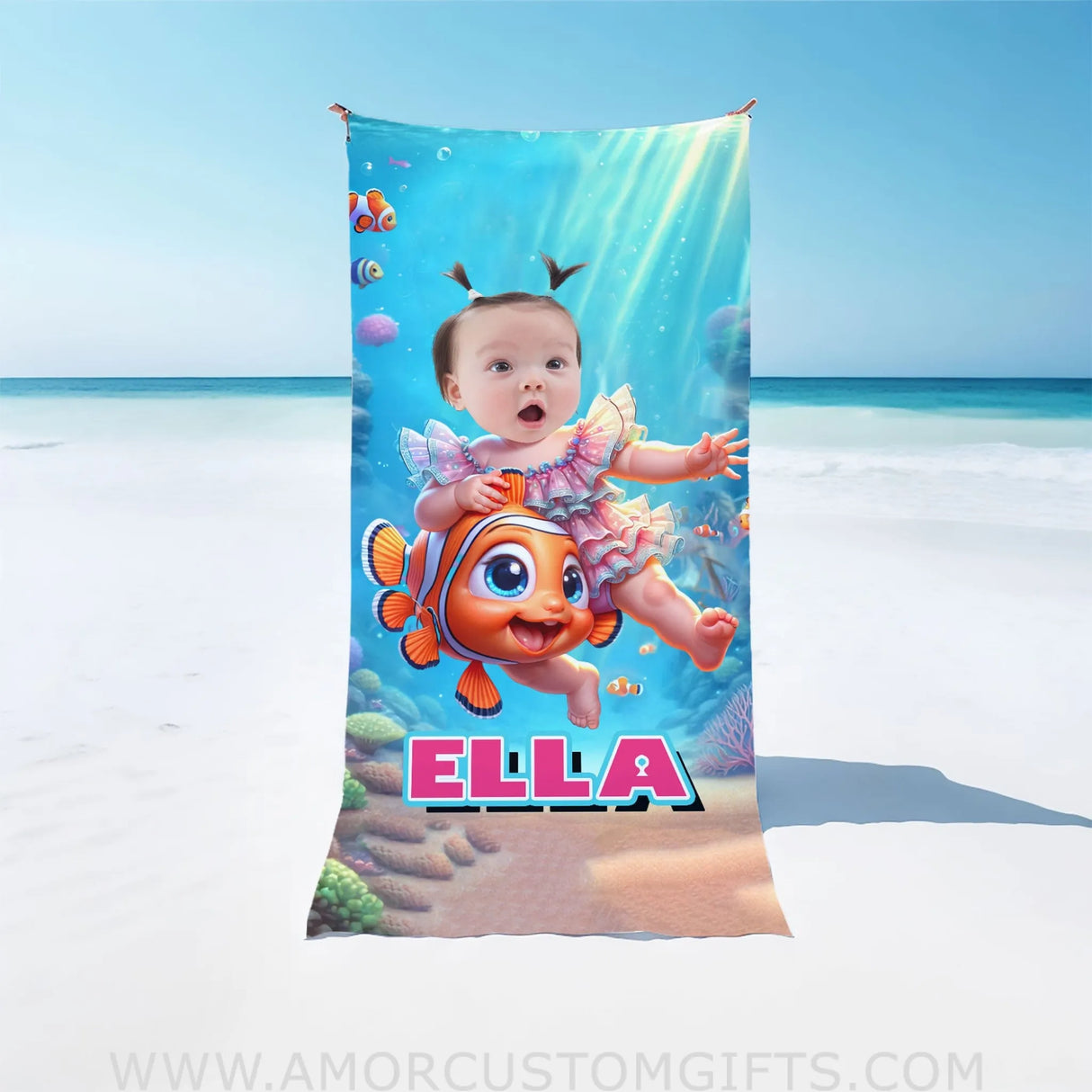 Towels Personalized Baby Girl Reding Nemo Fish Under The Sea Photo Beach Towel | Customized Nemo Fish Theme Beach Towel