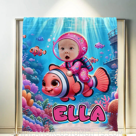 Blankets Personalized Baby Girl Riding Nemo Fish Blanket | Custom Face & Name Girl Nemo Blanket