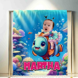 Blankets Personalized Baby Girl Riding Nemo Fish Blanket | Custom Face & Name Girl Nemo Blanket