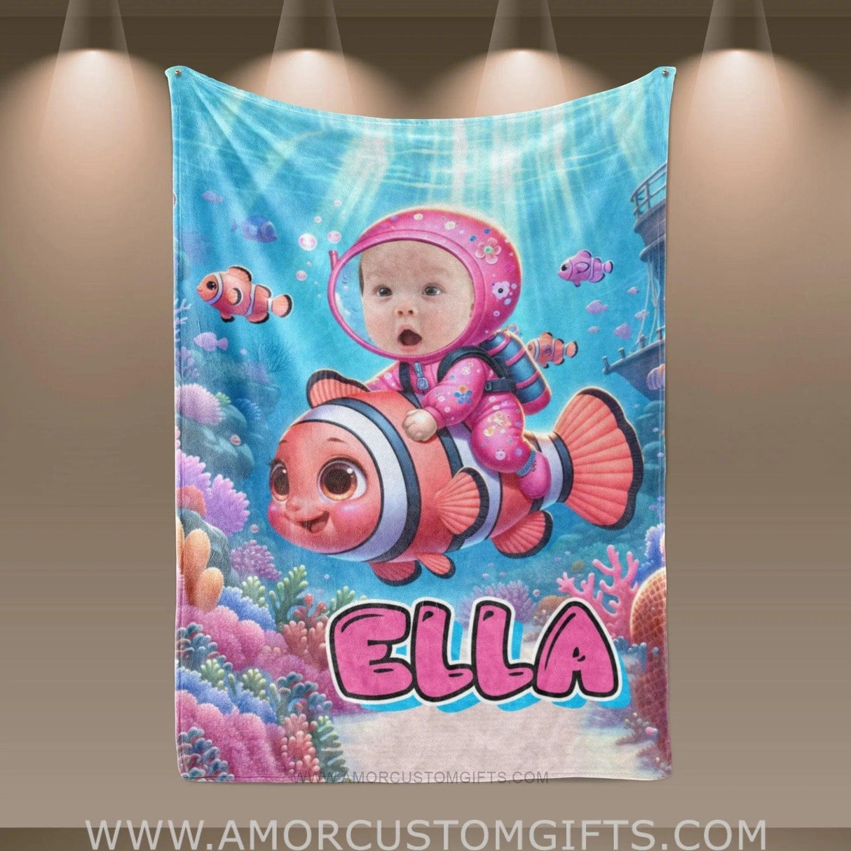 Blankets Personalized Baby Girl Riding Nemo Fish Blanket | Custom Face & Name Girl Nemo Blanket