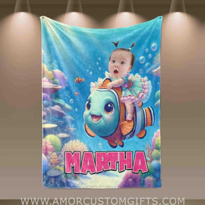 Blankets Personalized Baby Girl Riding Nemo Fish Blanket | Custom Face & Name Girl Nemo Blanket