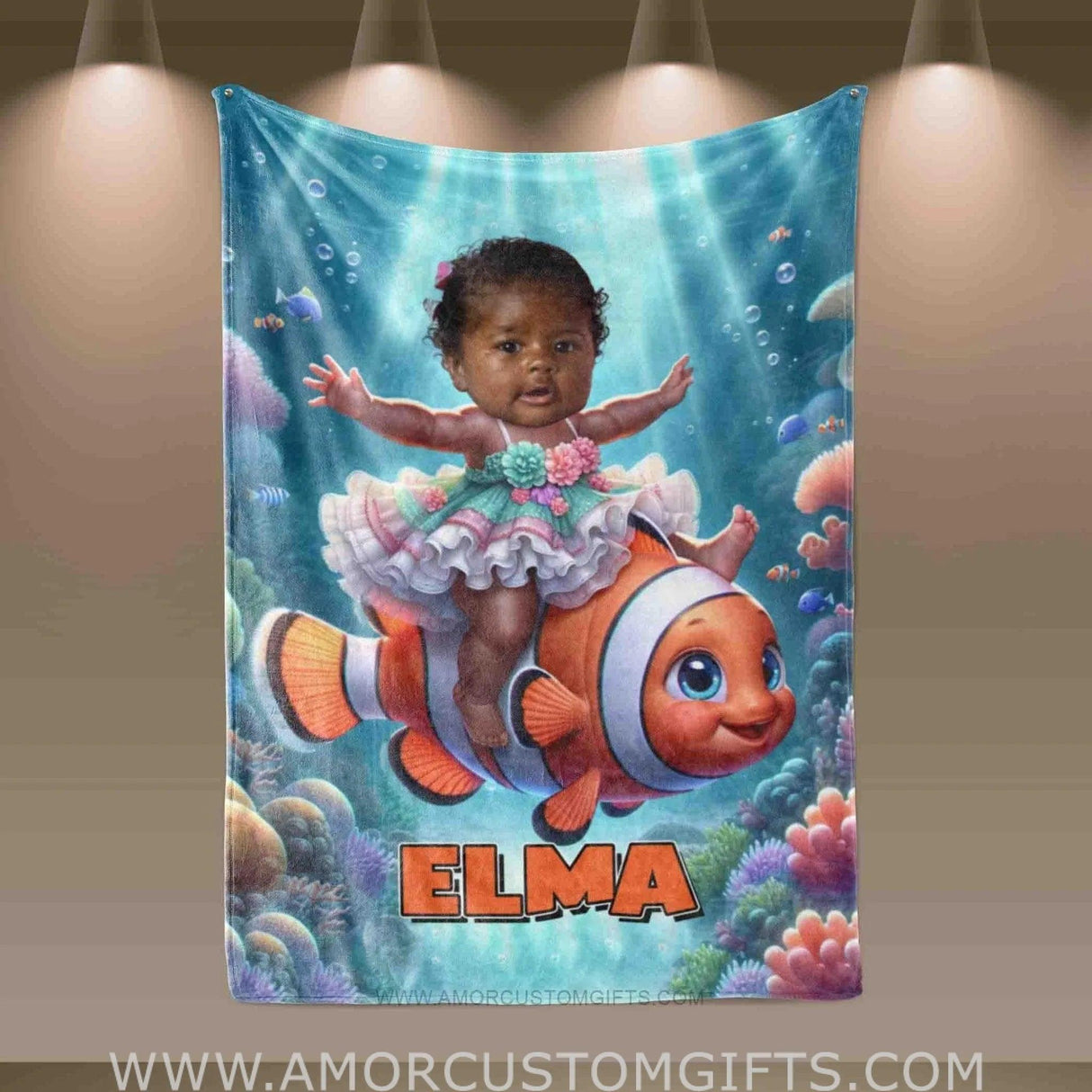 Blankets Personalized Baby Girl Riding Nemo Fish Blanket | Custom Face & Name Girl Nemo Blanket