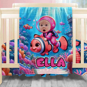 Blankets Personalized Baby Girl Riding Nemo Fish Blanket | Custom Face & Name Girl Nemo Blanket