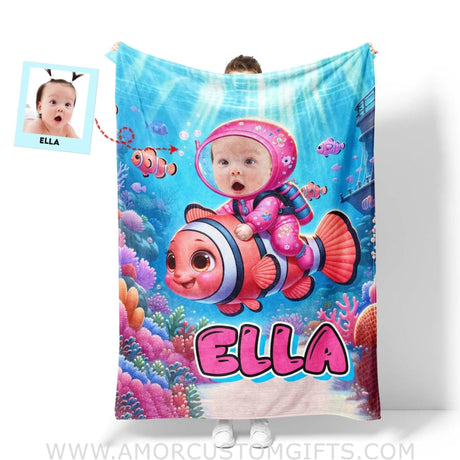 Blankets Personalized Baby Girl Riding Nemo Fish Blanket | Custom Face & Name Girl Nemo Blanket