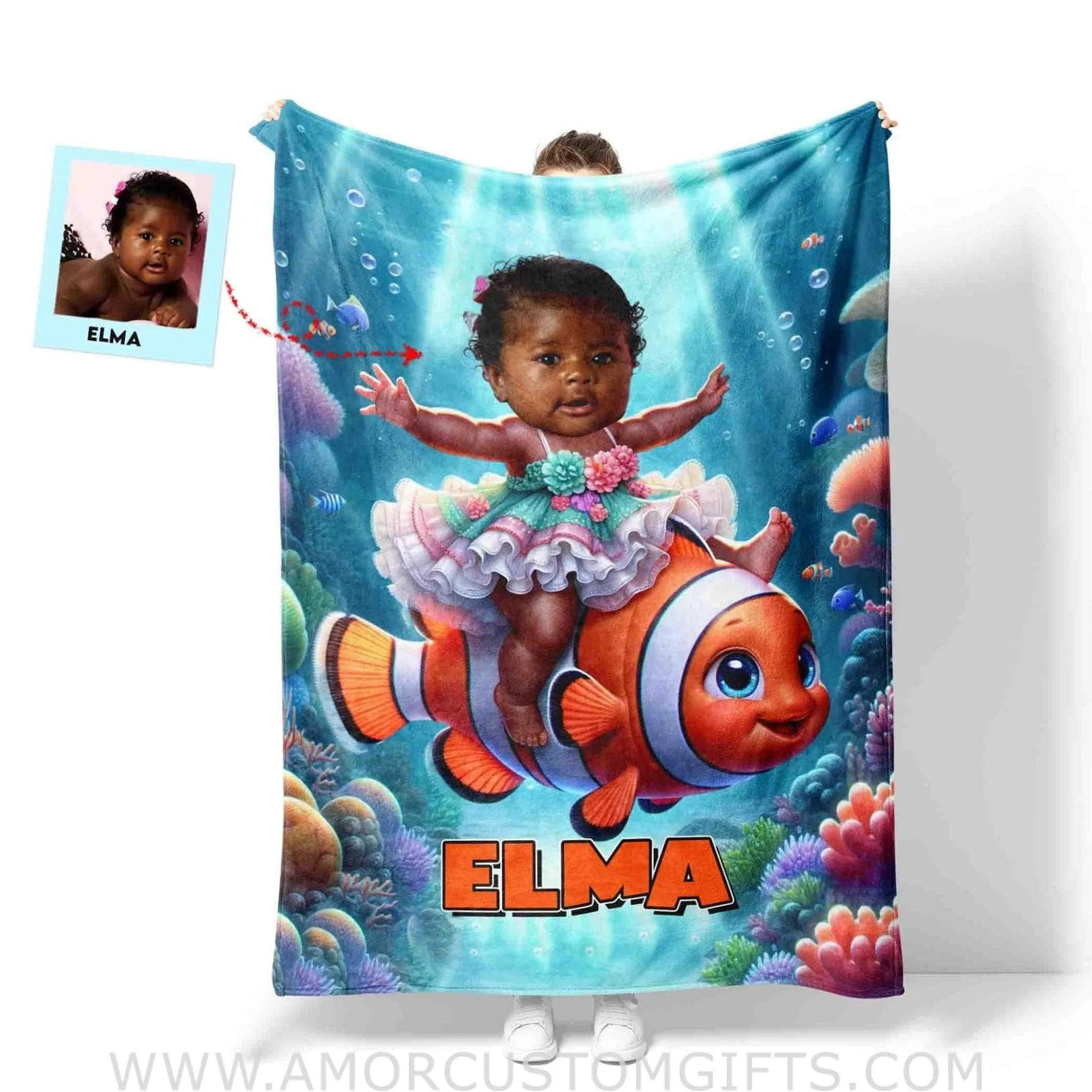 Blankets Personalized Baby Girl Riding Nemo Fish Blanket | Custom Face & Name Girl Nemo Blanket