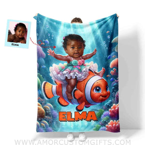 Blankets Personalized Baby Girl Riding Nemo Fish Blanket | Custom Face & Name Girl Nemo Blanket