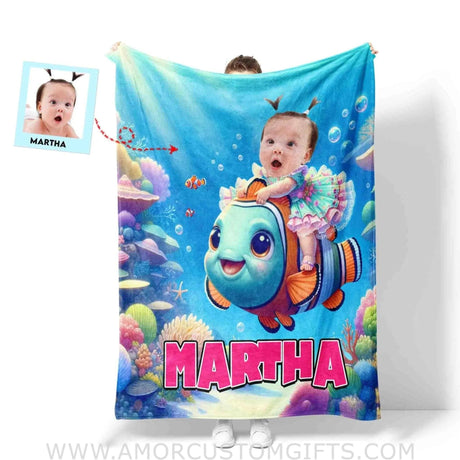 Blankets Personalized Baby Girl Riding Nemo Fish Blanket | Custom Face & Name Girl Nemo Blanket