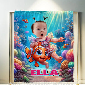 Blankets Personalized Baby Girl Riding Nemo Fish Blanket | Custom Name & Face Girl Blanket