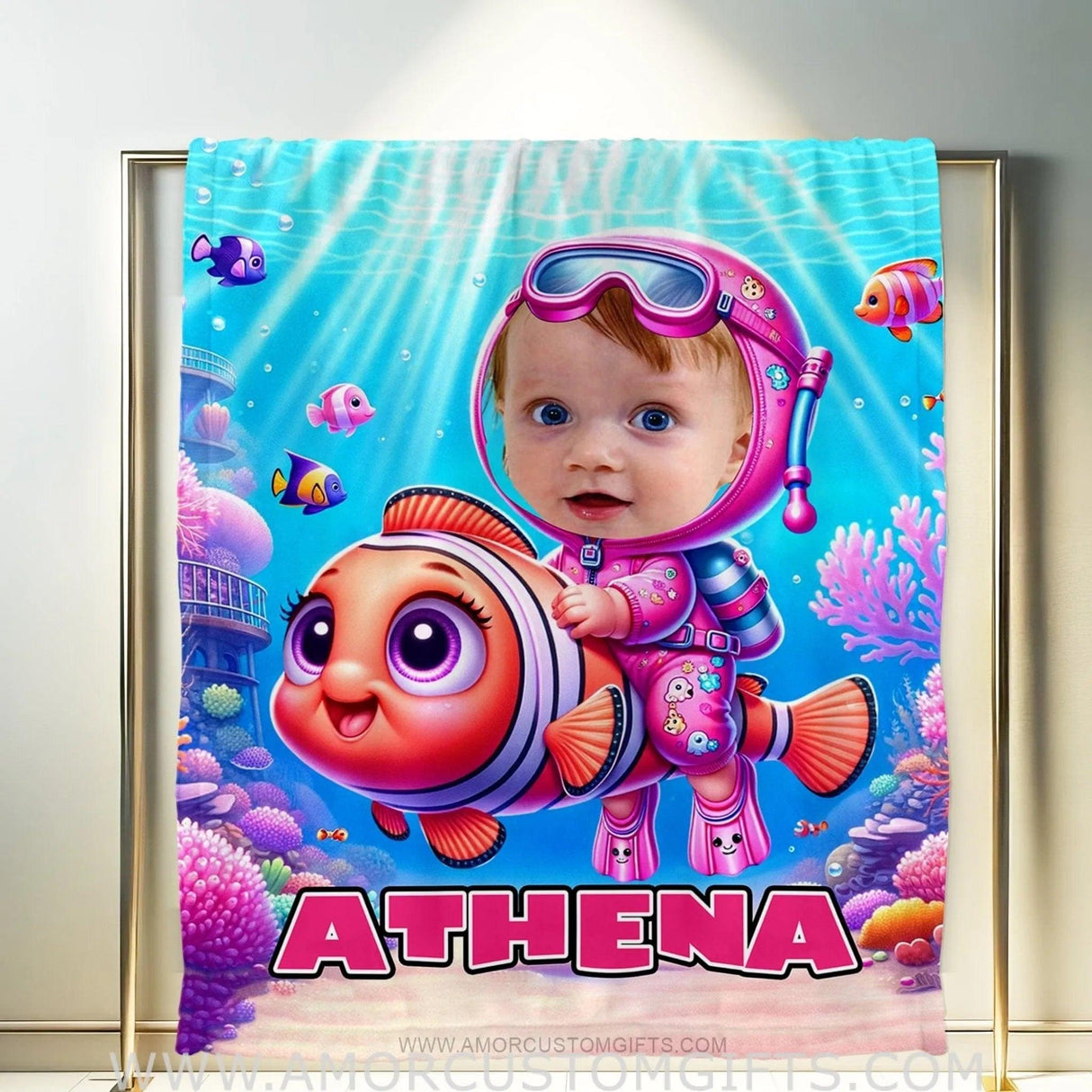 Blankets Personalized Baby Girl Riding Nemo Fish Blanket | Custom Name & Face Girl Blanket