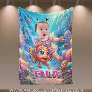 Blankets Personalized Baby Girl Riding Nemo Fish Blanket | Custom Name & Face Girl Blanket