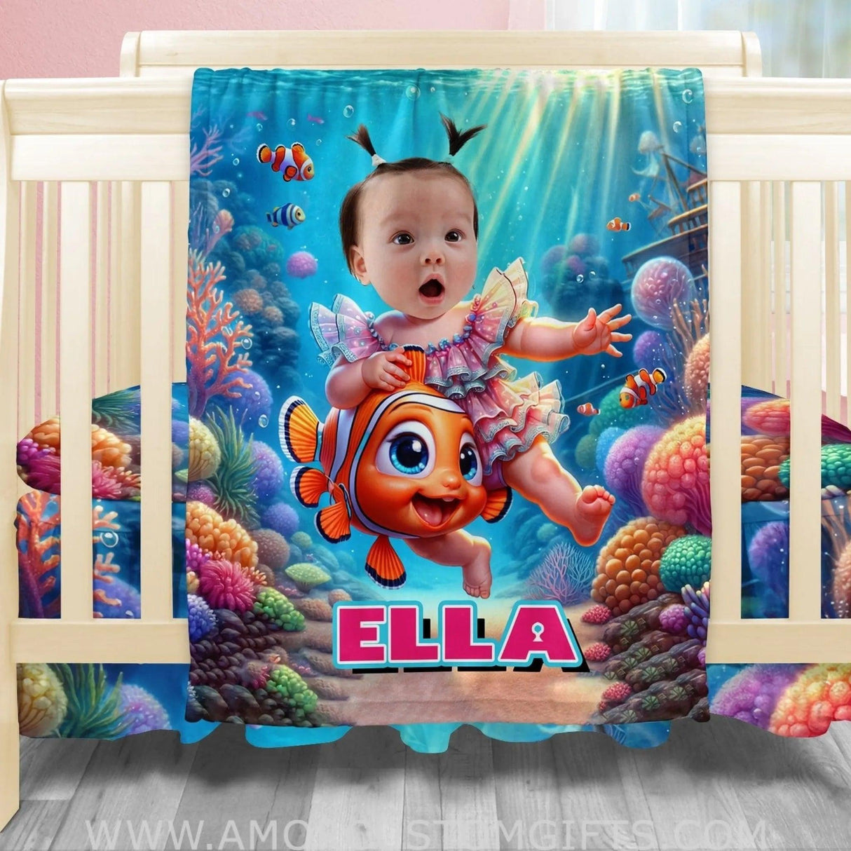 Blankets Personalized Baby Girl Riding Nemo Fish Blanket | Custom Name & Face Girl Blanket