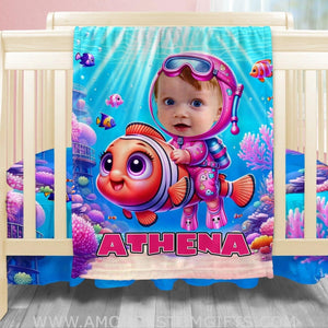 Blankets Personalized Baby Girl Riding Nemo Fish Blanket | Custom Name & Face Girl Blanket