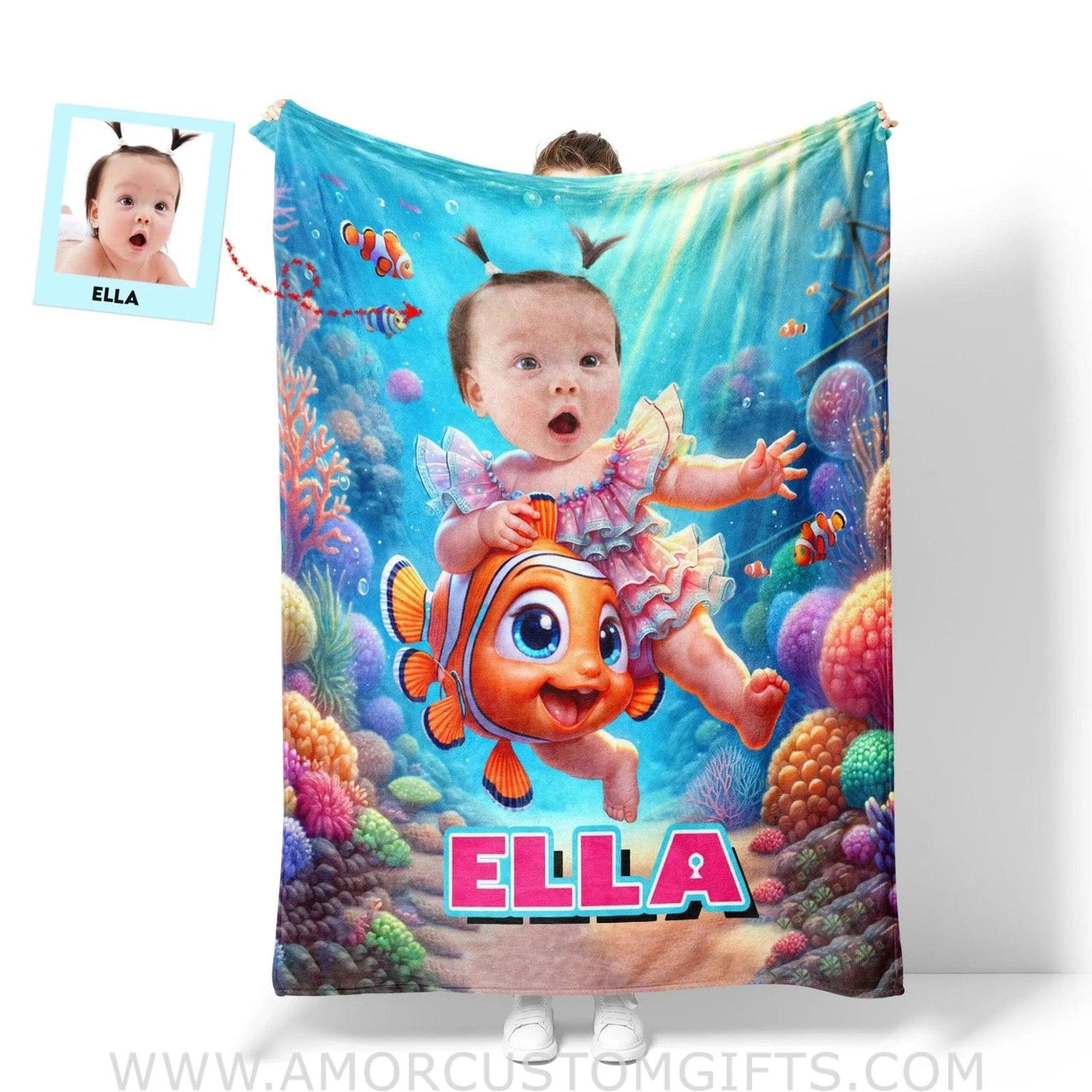 Blankets Personalized Baby Girl Riding Nemo Fish Blanket | Custom Name & Face Girl Blanket