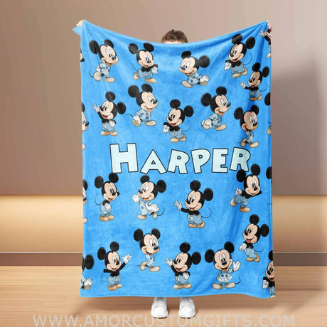 Blankets Personalized Baby Micky Blue Blanket | Custom Name Blanket For Baby Boy Girl