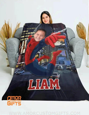 Blankets Personalized Baby Toddler Little Boy Superhero Spider Boy In Modern City Blanket | Custom Face & Name Superhero Blanket