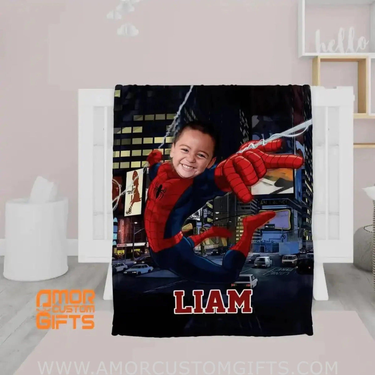 Blankets Personalized Baby Toddler Little Boy Superhero Spider Boy In Modern City Blanket | Custom Face & Name Superhero Blanket