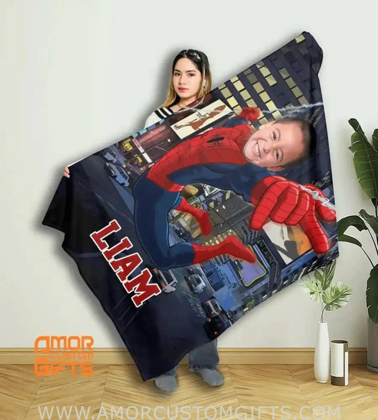 Blankets Personalized Baby Toddler Little Boy Superhero Spider Boy In Modern City Blanket | Custom Face & Name Superhero Blanket