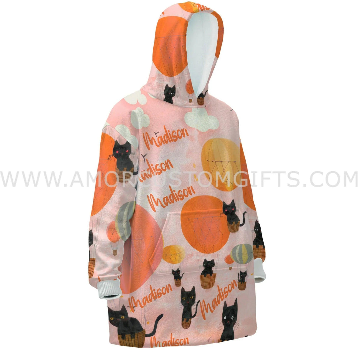 Personalized Back Cat Hot Air Balloon Snug Oversized Wearable Hoodie Blanket-Hoodie Blanket-Amor Custom Gifts