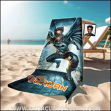 Towels Personalized Bat Boy Superhero Flying Through Skyscrapper Photo Beach Towel | Customized Name & Face Boy Towel