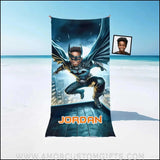 Towels Personalized Bat Boy Superhero Flying Through Skyscrapper Photo Beach Towel | Customized Name & Face Boy Towel