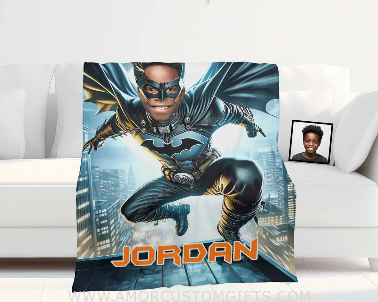 Blankets Personalized Bat Boy Superhero Flying Through Skyscrapper Photo Blanket | Custom Name & Face Boy Blanket