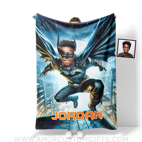 Blankets Personalized Bat Boy Superhero Flying Through Skyscrapper Photo Blanket | Custom Name & Face Boy Blanket