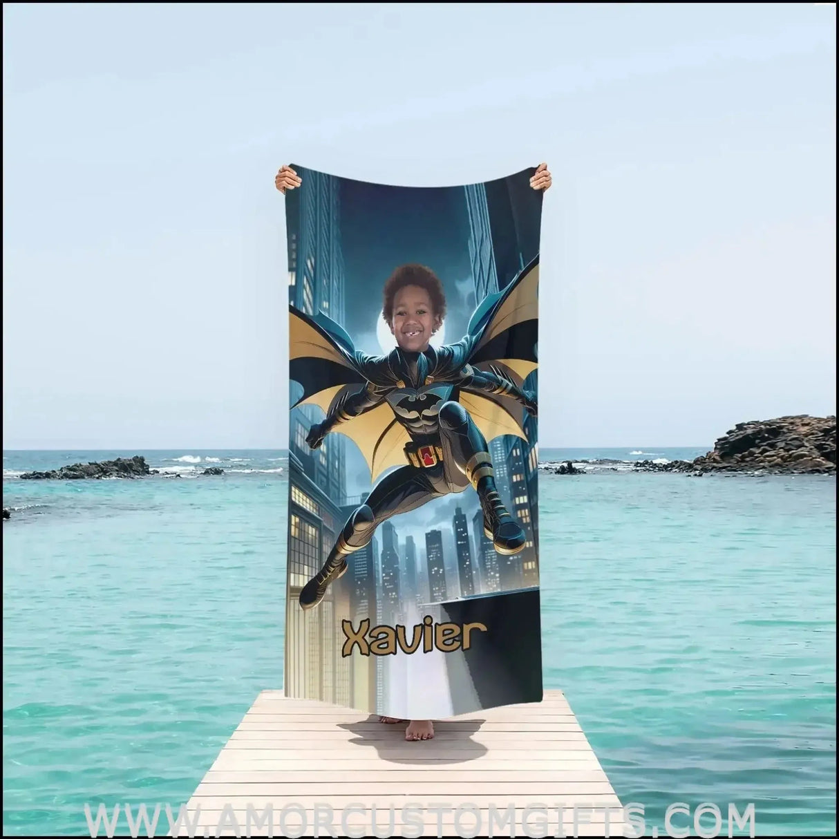 Towels Personalized Bat Boy Superhero Photo Beach Towel