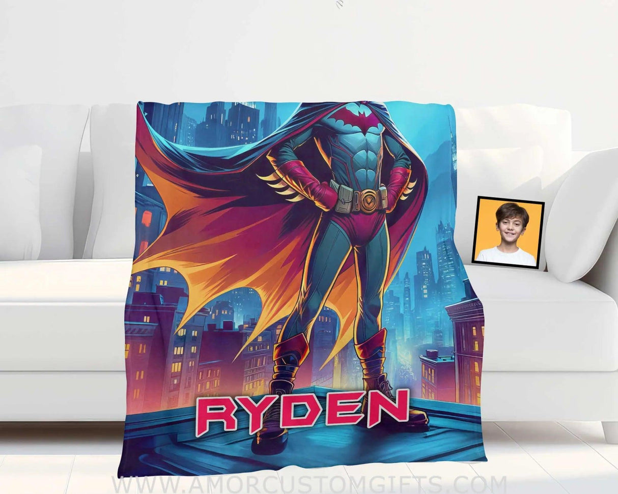 Blankets Personalized Bat Boy Superhero Standing On Rooftop Photo Blanket | Custom Name & Face Boy Blanket