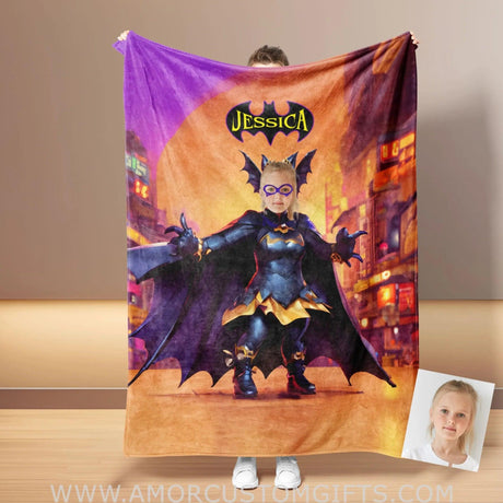 Blankets Personalized Bat Girl 3 Blanket | Custom Face & Name Superhero Girl Blanket