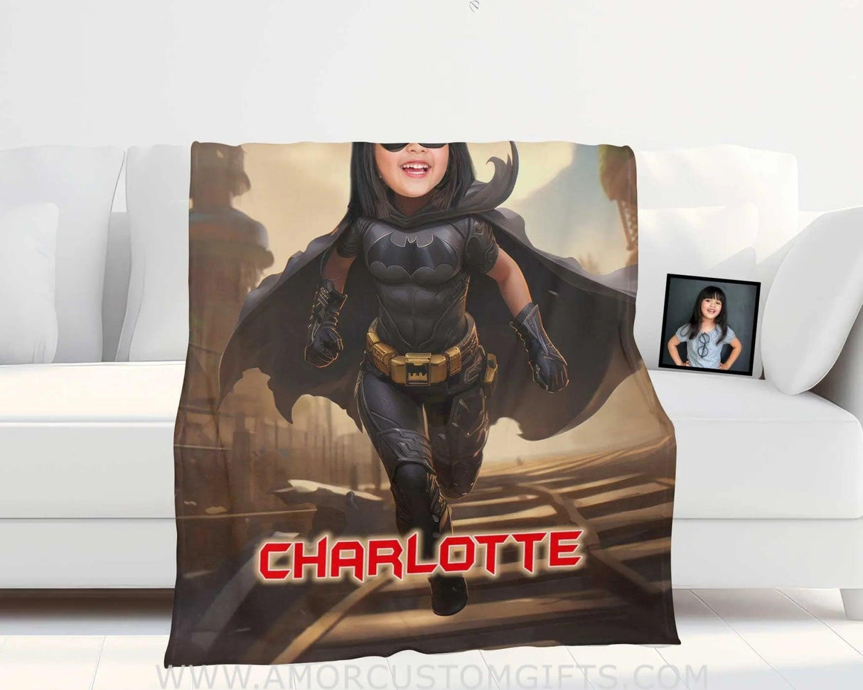 Blankets Personalized Bat Girl Running On Rail Blanket | Custom Name & Face Girl Blanket