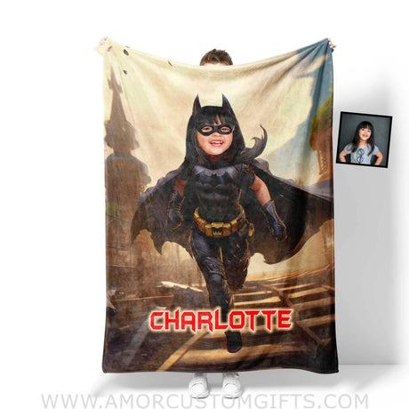 Blankets Personalized Bat Girl Running On Rail Blanket | Custom Name & Face Girl Blanket