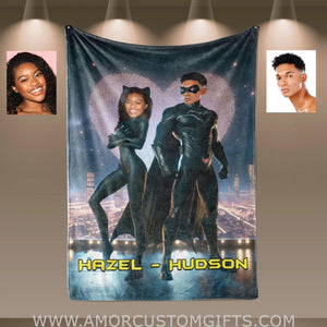 Blankets Personalized Bat Guy & Cat Lady Couple Blanket | Custom Face & Name Couple Blanke