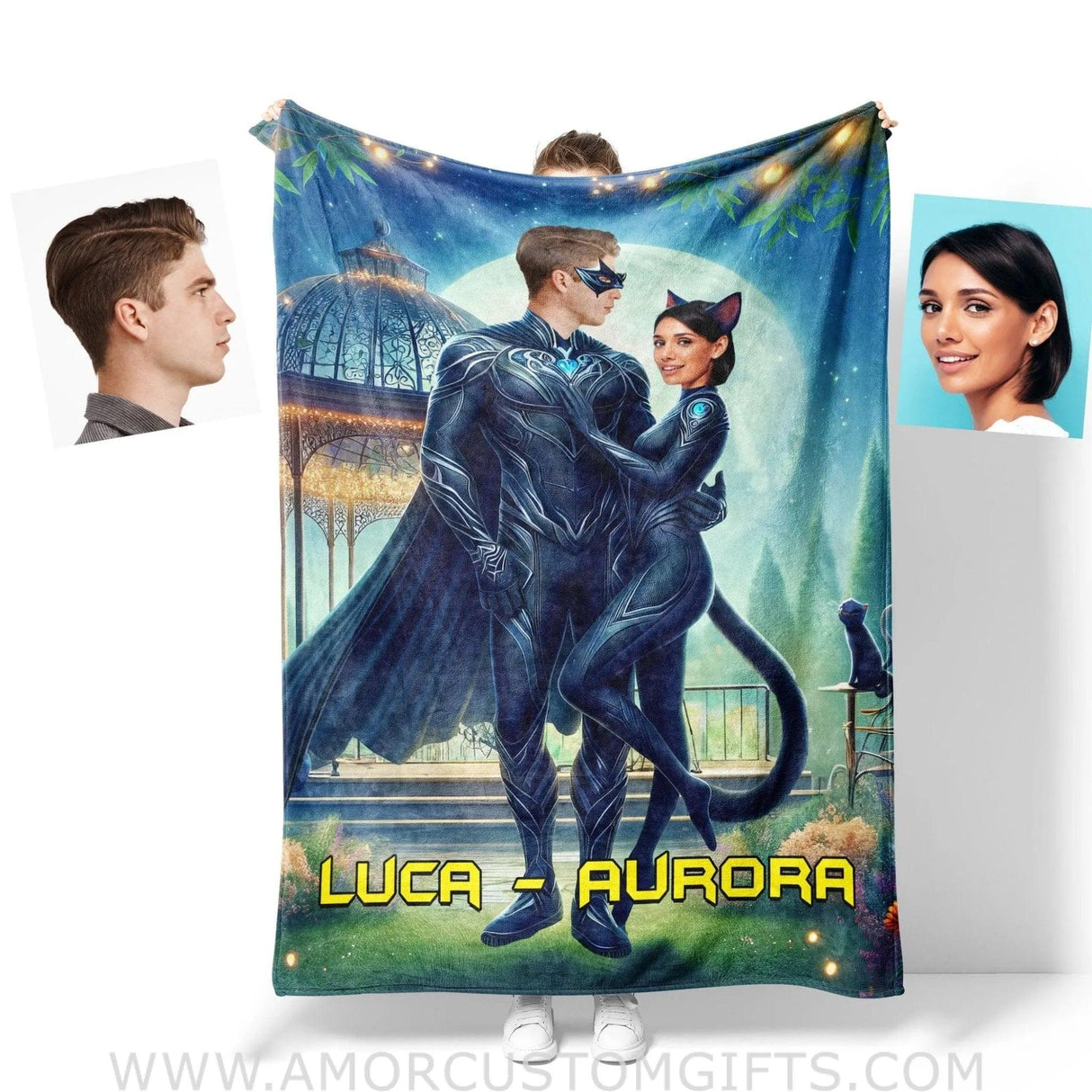 Blankets Personalized Bat Guy & Cat Lady Couple Blanket | Custom Face & Name Couple Blanket