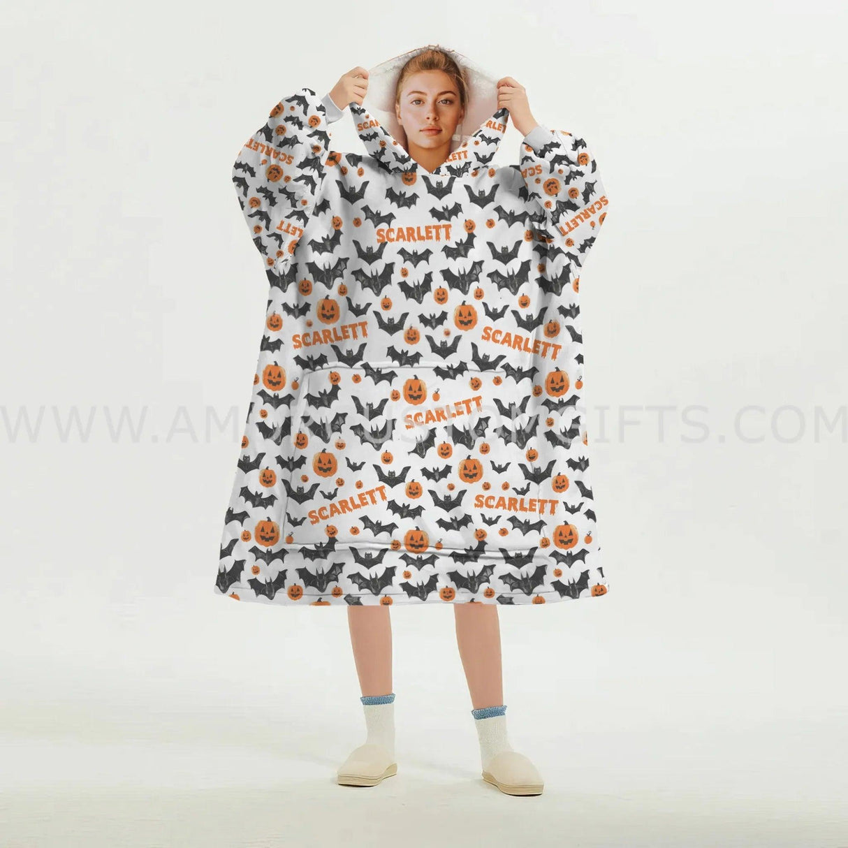 Personalized Bat Jack O Lantern Halloween Snug Oversized Wearable Hoodie Blanket-Hoodie Blanket-Amor Custom Gifts